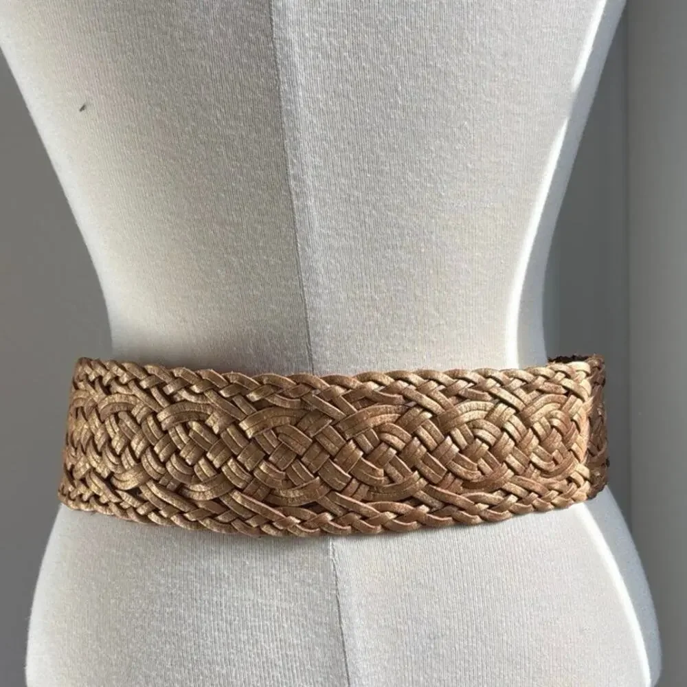 Linea Pelle Gold Metallic Woven Braided Leather Belt Size Small